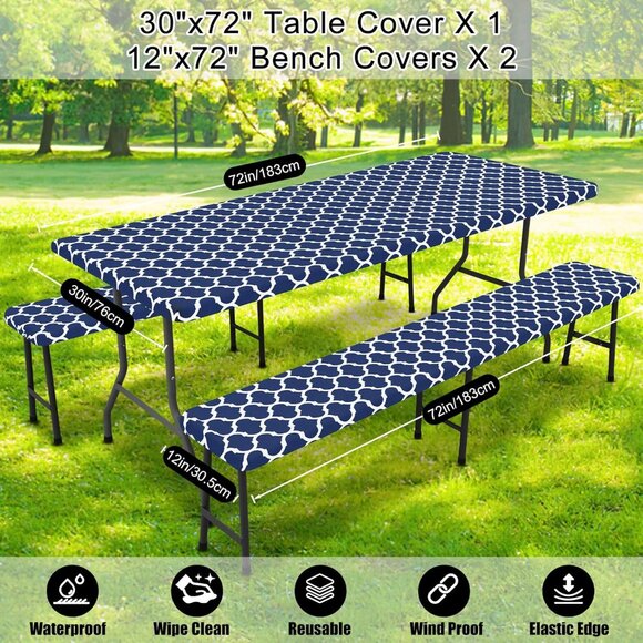 Picnic Table Cover with Bench Covers, Waterproof Elastic Fitted Tablecloth - Picture 3 of 11